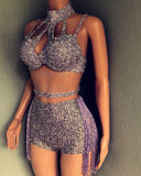 All crystals fringe set purple