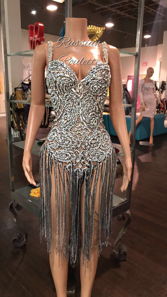 Hand beaded leotard dress silver