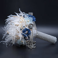 Crystal flower bouquet feathered silver and blue